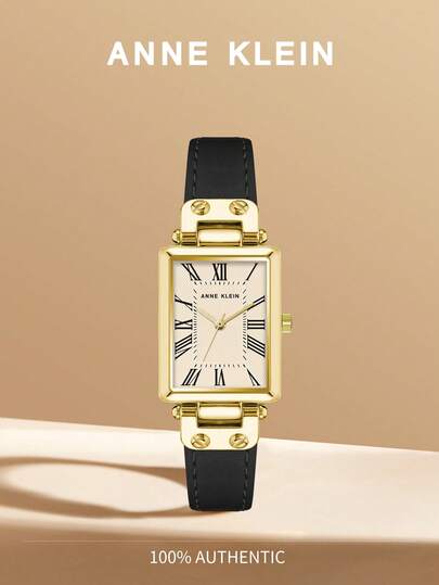 Anne Klein Damklocka med svart läderarmband, guldfärgad boett och krämfärgad texturerad urtavla, fyrkantig analog klocka för damer, AK/3752CRBK