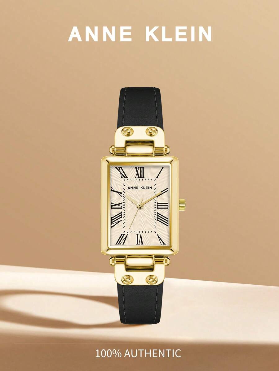 Anne Klein 女士黑色皮革表带手表，金色表壳和奶油色纹理表盘方形模拟手表，适合女士休闲手表，AK/3752CRBK - 黑色 - 查看 1