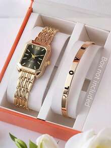 2pcs/Set Elegant Women's Gold Watch, Stainless Steel Strap, Square Dial Quartz Watch, Suitable For Exams | Mother's Day Gift | Anniversary Gift | Birthday Gift | Holiday Gift