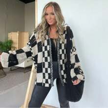 Women's Autumn/Winter Casual Color-Blocked Plaid Cardigan Knit Sweater Long-Sleeved Knit Top - màu đen - Xem 4