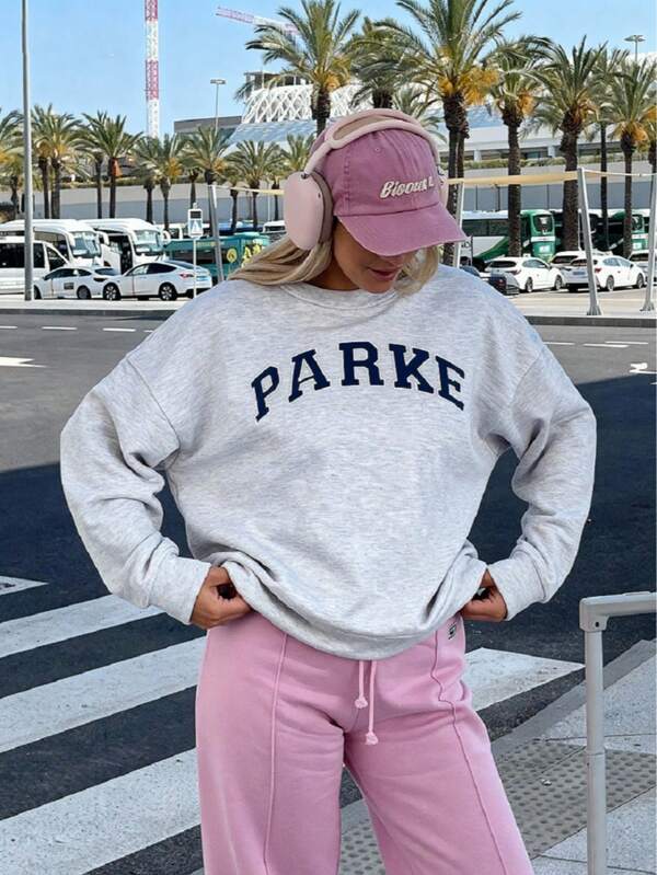 Sudadera casual de cuello redondo, manga larga, con estampado de letras y costillas, para otoño/invierno