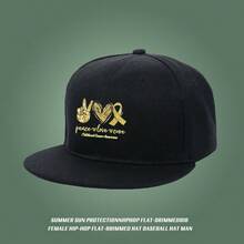 A black chilblain breaker hat with a gold hand, heart, and rosebone pattern. A cool design with keywords for raising children's cancer awareness. small head around low cap duckville cap fashionable Baseball cap large head around sports snapback cap retro breathable graphic print unisex baseball cap flat bill cap snapback cap ball cap low cap snapback haphop baseball cap visual duck cap - ブラック - チェックする 4