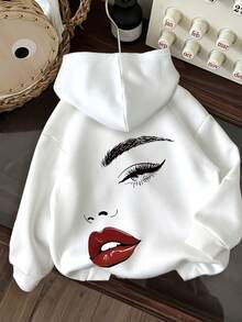 Valentine Outfits For Women/Men Winter Bestsellers [Circle Direction] [35% Cotton Hoodie Sweatshirt] Aesthetic Pi! Bold Eye & Lip Graphic Artworks Women's 35% Cotton Long Sleeve Letter Print Drawstring Hoodie - Soft, Casual, Long Sleeve, Kangaroo Pocket, Loose Fit Women's Sweatshirt - Fashionable Clothing, Machine Washable, Autumn Winter Fleece Lined Supple Cozy Sweatshirt - 白色 - 查看 1