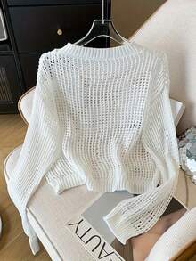 休闲宽松镂空针织短款上衣，长袖毛衣 - 白色 - 查看 3