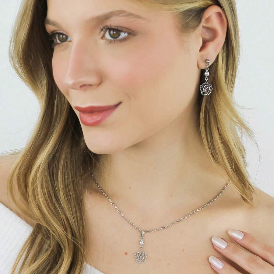 Rose Flower Necklace And Earring Set With Cubic Zirconia - Women's Stainless Steel - Bạc - Xem 1