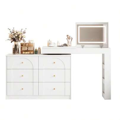 Rotating Dressing Table With LED Lighting, Vanity Table, Office Table, White, 105*40*80cm (Old:SKU:N657P24679091W)