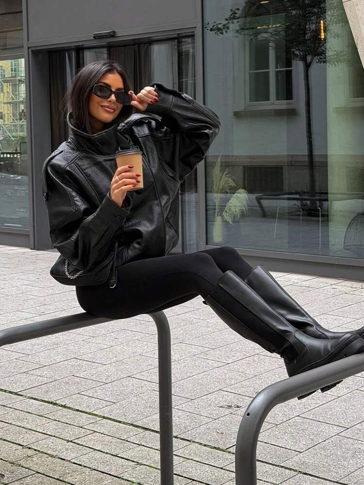 Chaqueta de cuero negro casual de moda 2026, chaqueta de motocicleta holgada de manga larga y cuello alto para mujer, abrigo exterior a prueba de viento de estilo callejero para primavera, regalo del Día de San Valentín - Negro - Añade 9