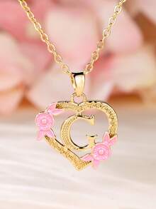 Tsnamer 1 件精美立方氧化锆字母项链，心形雕刻，包含 26 个 A-Z 字母和花朵，适合女性日常佩戴。 - 金黃色+粉 - 查看 19