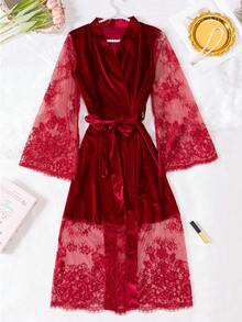 Velvet Lash & Lace Patchwork Sexy Lingerie Casual Long Robe - Burgundy - View 6