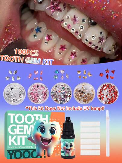 100pcs Mini Resin Tooth Gem Kit DIY Fashionable Jewelry Kit Teeth Jewelry Starter Kit(NO UV LIGHT)