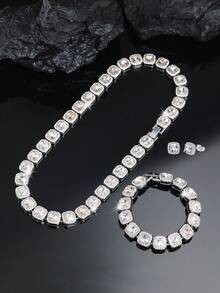 3pcs/Set Men Christmas Gifts,Iced Out Square Stone Necklace Jewelry Set,Hip Hip Style With Matched Bracelet And Earrings,Men's Jewelry Copper Stud Earrings Cuban Chain Gift For Best Friends,Christmas Day - Style a - View 2