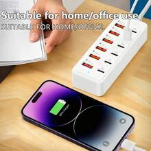 WOWSSYO 12合1 66W快充站,6个USB接口+6个Type-C PD快充接口电源集线器,快充Type-C多功能插头/多输出插座,USB集线器,USB适配器,USB-C集线器,USB集线器/多端口集线器,兼容笔记本电脑、手机、平板电脑、游戏机和其他设备 - 白色 - 查看 5