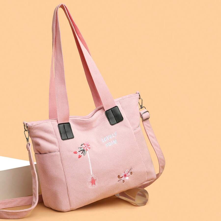 Bolso de hombro para mujer, con correa ajustable, bordado de flores, cierre de botón, bandolera - Rosa - Ver 1