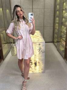 Women's Striped Midi Dress With Shirt Collar And Bishop Sleeves, Casual, With Buttons, Asymmetrical Hem, Summer And Beach. - 藕粉色 - 查看 3