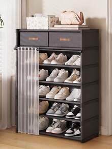 1pc Multi-Layer Shoe Rack With Curtain, Shoe Cabinet, Storage, Display Rack, With Drawer, Curtain Shoe Storage Cabinet, Large Capacity Shoe Cabinet, Suitable For Indoor And Outdoor, Suitable For Entrance, Home, Indoor, Holiday Gift - Multicolor - View 8