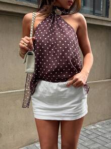 复古法式波点露背吊带休闲度假上衣，女士夏季款 - 棕色 - 查看 2