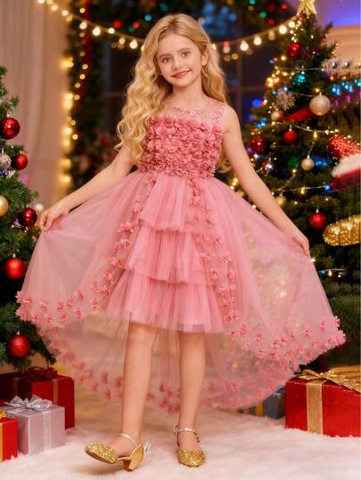 Tween Girls Luxury Floral Trailing Bridesmaid Wedding Party Elegant Graduation Ceremony Princess Party Birthday Hosting Performance Prom Dress