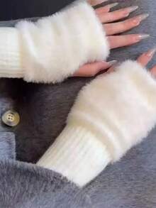 1 Pair / 2 Pairs Of Women's Fingerless Knitted Fleece Gloves, Warm Winter Gloves, Faux Fur Gloves, Multi-Functional Cute Office Cycling Windproof Fingerless Gloves - Multicolor - View 9