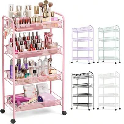 4 Tier Rolling Utility Cart - Durable Metal Design Pink Utility Cart Storage Trolley On Wheels With 3 Hooks Perfect For Kitchen Bathroom And Laundry Room Organization11