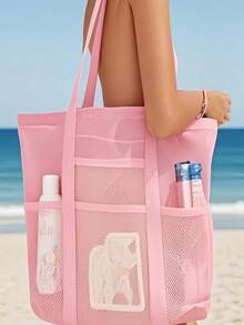 Large Mesh Beach Bag - Anti-Sand Swimming Tote Bag, Extra Large Capacity Family Foldable Lightweight Pool Cruise Essentials, With Zipper, Perfect For Commuting, Outdoor, Travel, Camping, Vacation, School, Dorm Necessities