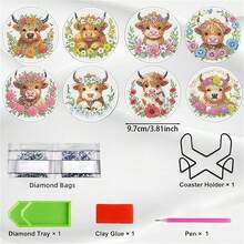 8pcs/Set DIY Diamond Painting Coasters, Animal Calf Pattern Coasters, Heat Insulation Non-Slip Coasters With Holders, Handmade Gifts, Mosaic Craft - Multicolor - View 3