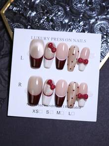 10片棺材形中长款可爱蝴蝶结圆点美甲贴片，100%纯手工制作，裸色和酒红色亮面闪粉猫眼假指甲，可重复使用，成品假指甲贴片，适用于DIY美甲，美甲用品，手工美甲贴片 - 彩色 - 查看 12