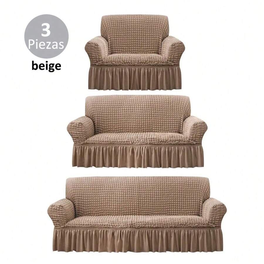 AMOROSA 3 Pieza Funda Cubre Sala con Falda Tipo Plumeti Funda de Sofá Lavable Elástica Fácil de Instalar Fundas para Sillones Sala  (1 plaza, 2 plazas, 3 plazas) Decoración Sala