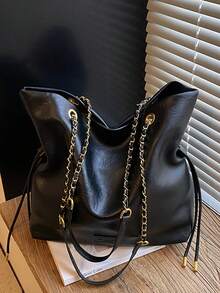 1 pièce Sac fourre-tout/seau en PU noir, avec anse en chaîne métallique, grande capacité, sac à main/épaule, style vintage élégant, convient pour le travail, les sorties, les achats décontractés et autres occasions, toutes saisons, idéal pour les femmes urbaines à la recherche de qualité et de mode - Noir - Voir 1