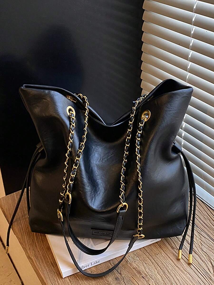 1 pièce Sac fourre-tout/seau en PU noir, avec anse en chaîne métallique, grande capacité, sac à main/épaule, style vintage élégant, convient pour le travail, les sorties, les achats décontractés et autres occasions, toutes saisons, idéal pour les femmes urbaines à la recherche de qualité et de mode - Noir - Voir 1