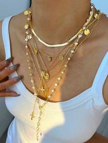 2-7pcs Vintage Elegant Fashion Hip Hop Retro Coin Rhinestone Embellished Pendant Necklace Set, Featuring Cross, Flower, Sun, Heart Designs, Tassel Decor, Y-Necklace, Choker, Suitable For Women, Vacation, Party, Daily Wear, All Seasons