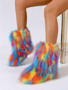 New Rainbow Fur Ankle Boots For Women 2025 Autumn/Winter New Sweet Cool Style Colorful Tie-Dye Faux Fur Warm Fashion Boots Women's Ankle Boots. Furry Boots. Winter BootsSuitable For Extremely Cold Weather. The First Choice For Skiing, Traveling, And Gatherings. - 彩蘭色 - 查看 2