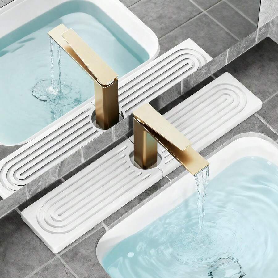 23.6'' X 4'' Stone Faucet Mat - Quick Dry & Prevent Moisture, Diatomite Stone Drying (Includes Silicone Feet), For Kitchen And Bathroom Sink Faucet - White - View 1