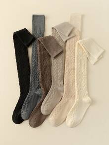 1双女士过膝袜，秋冬季修身纯色罗纹针织大腿袜，适合搭配连衣裙，舒适保暖。 - 彩色 - 查看 3