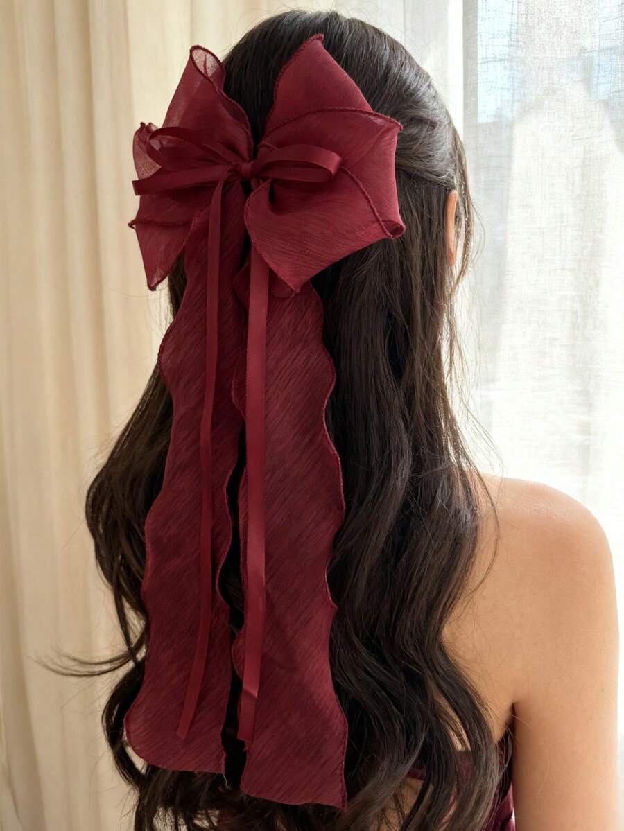 1 pièce Accessoire de cheveux à clip en forme de gros nœud en maille bordeaux rouge de mode pour Noël, convient pour un port quotidien, pinces à cheveux, barrettes, épingles à cheveux - Rouge foncé - Voir 1