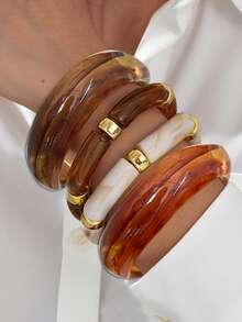 4pcs Vintage Minimalist Elegant Resin Acrylic Brown Elastic Bracelet & Bangle Set, Gold Stripe Smooth Open Cuff, Suitable For Women Everyday Wear, Holiday Gift, Stackable, 2025 New Arrival - Gold - View 11