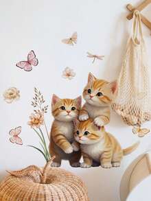 1/2/3pcs Creative Cute Orange Cat, Butterfly & Floral Wall Stickers, Removable Decals For Bedroom And Living Room Decor, Ideal For Thanksgiving, New Year Home Decoration And Gifts - Multicolor - View 2