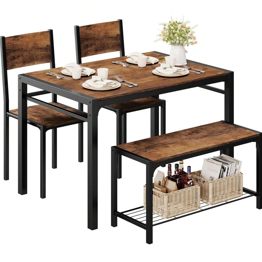 Mesas de Comedor para 4-5 Personas, Conjunto con 2 Sillas y 1 Banco (con Estante de Almacenamiento), Mesa de Comedor para Cocina/Café, Superficie Amplia 110*70*75cm (Marrón) - Marrón - Ver 1