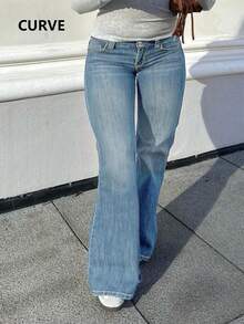 Quần jeans ống loe cỡ lớn dành cho nữ, dáng dài, có túi, cúc, khóa kéo và chất liệu co giãn. - Rửa trung bình - Xem 2