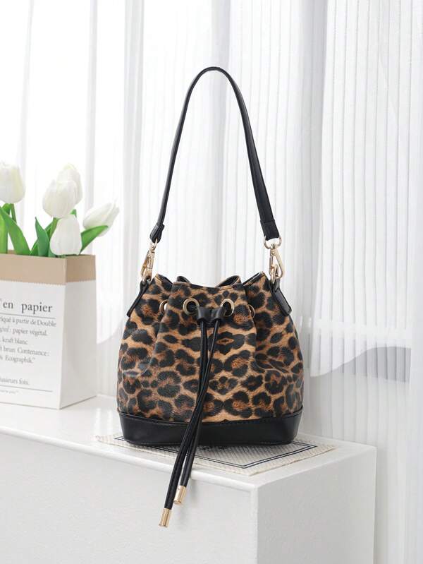 Vintage Leopard Print Drawstring Bucket Bag, Niche Design High-End Casual Commuter Versatile, Autumn/Winter New