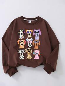 Girls' Cute Dog Graphic Casual Minimalist Long Sleeve Sweatshirt, Fashionable Crew Neck Pullover, Suitable For Autumn/Winter - Brown - View 2