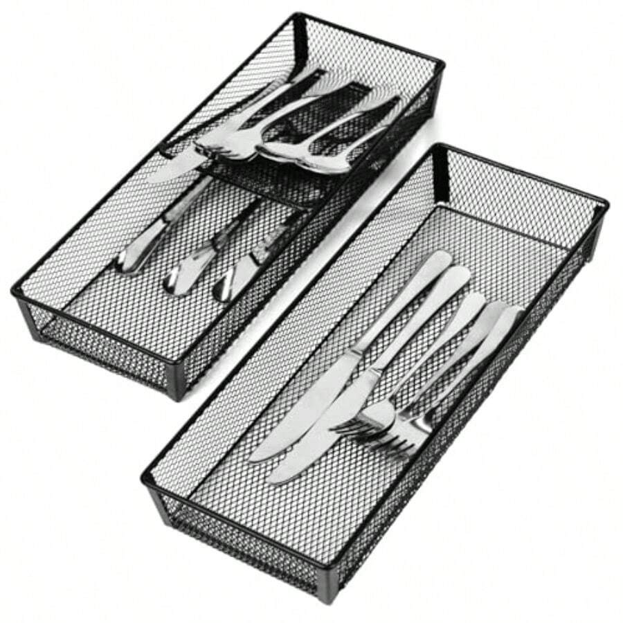 TYUI DOSTATNI 2 Pcs Mesh Silverware Drawer Organizer Cutlery Drawer Organizer Utensil Tray Organizer Silverware Holder For Flatware Knives Spoons Storage 14.1X5.3x2inch - 黑色 - 查看 1