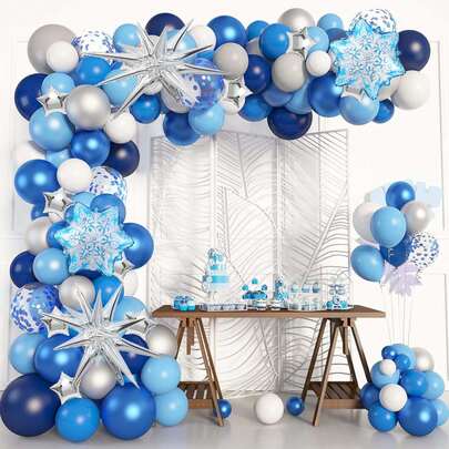 Snowflakes, Stars, Blue Balloons, Arch Door Garland Set, 142 Pieces. Snowflake Balloons, Silver Exploding Star Balloons, Royal Light Blue. Colorful Confetti. Silver Star Aluminum Foil Balloons. Suitable For Boys. Birthday, Baby Party, Wedding, Graduation Party. Decoration Items. Photography Studio Backdrop.