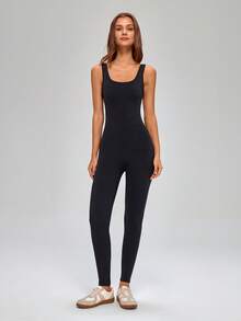 MASKERT 女式黑色运动连体裤，方领，露背交叉镂空设计，修身塑形，适合瑜伽和健身的一体式紧身裤 - 黑色 - 查看 3