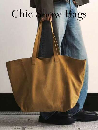 2025秋冬新品：女士手提包 - 绒面革饰边包 - 大容量，非常适合外出和购物。