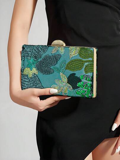 YMI STYLE Elegant Sequin Embroidered Floral Evening Clutch, Sequin Patchwork Green Clutch Bag, Formal Box-Shaped Dress Bag Suitable For Wedding, Bridesmaid, Party, Christmas, Halloween Ball, Birthday Gift, Cocktail Party, Workplace And Other Occasions