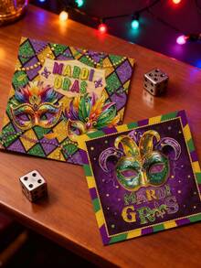 48pcs 13"X13" Disposable Mardi Gras Themed Napkins, Colorful Carnival Design With Masks, Beads And "MARDI GRAS" Text, Suitable For Carnival Parties And Holiday Gatherings - Multicolor - View 6