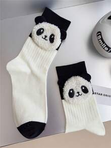1 par de calcetines cortos/de media caña cómodos y lindos con etiqueta hecha a mano con diseño de cabeza de panda para niños/jóvenes - Negro - Ver 13