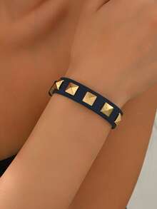 1 pieza Pulsera ajustable de mujer estilo punk, gótico oscuro y Y2K con remaches triangulares de PU, apta para uso diario - Azul marino 1202 - Ver 2