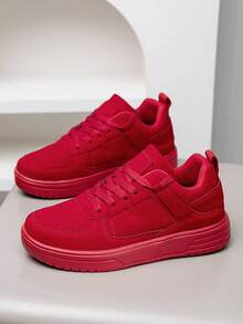 (Runs Small) Women's Simple Patchwork Comfortable Red Flat Casual Shoes, Personalized Fashion Business Lace-Up Skateboard Sneakers For Daily Commute - Red - View 8