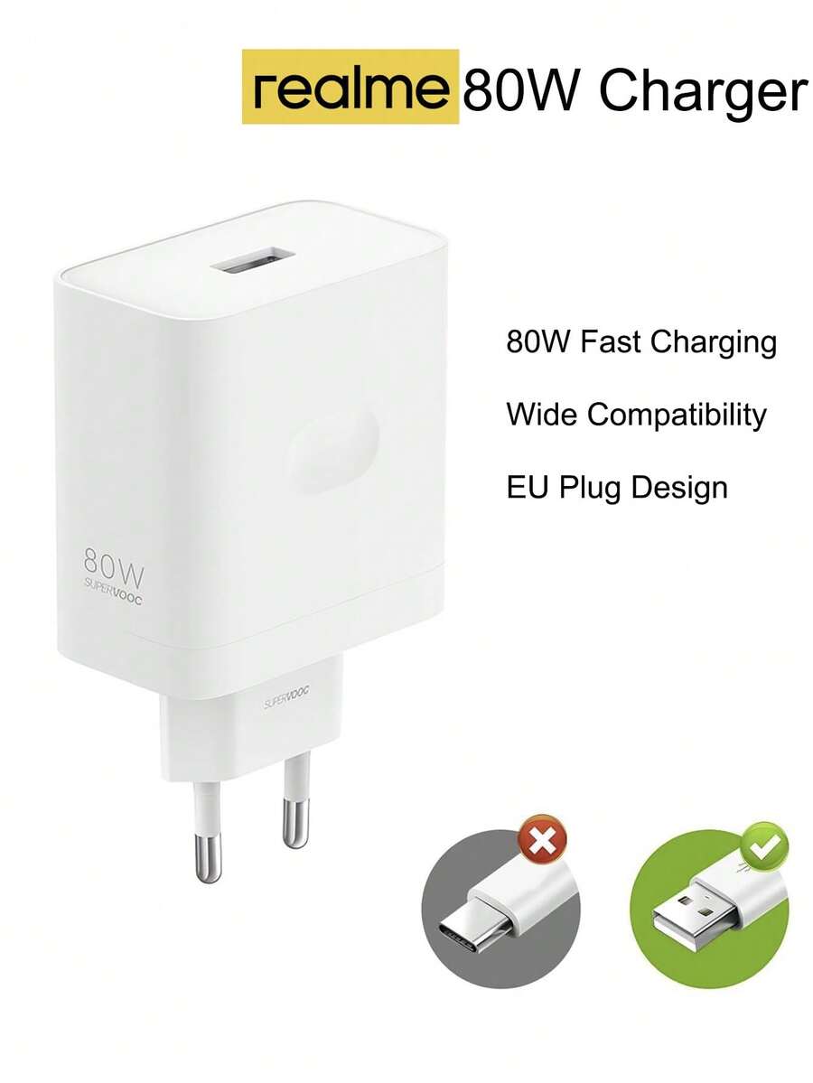 Realme 80W Ultra Fast Charger For Android Cellphone SuperVOOC Compatible With GT7 Pro, GT6T, 14 Pro+, 12 Pro+, 12+ 5G, 14 Pro, 12x 5G, C75, C67, Note 60 Fast Power Adapter EU Plug - White - View 1